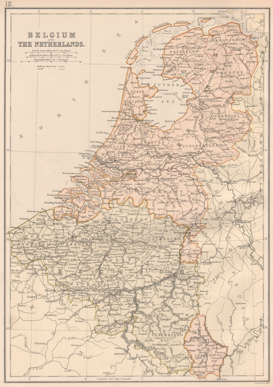 BELGIUM & NETHERLANDS. Railways. canals. Scale in Belgian/Dutch miles 1882 map